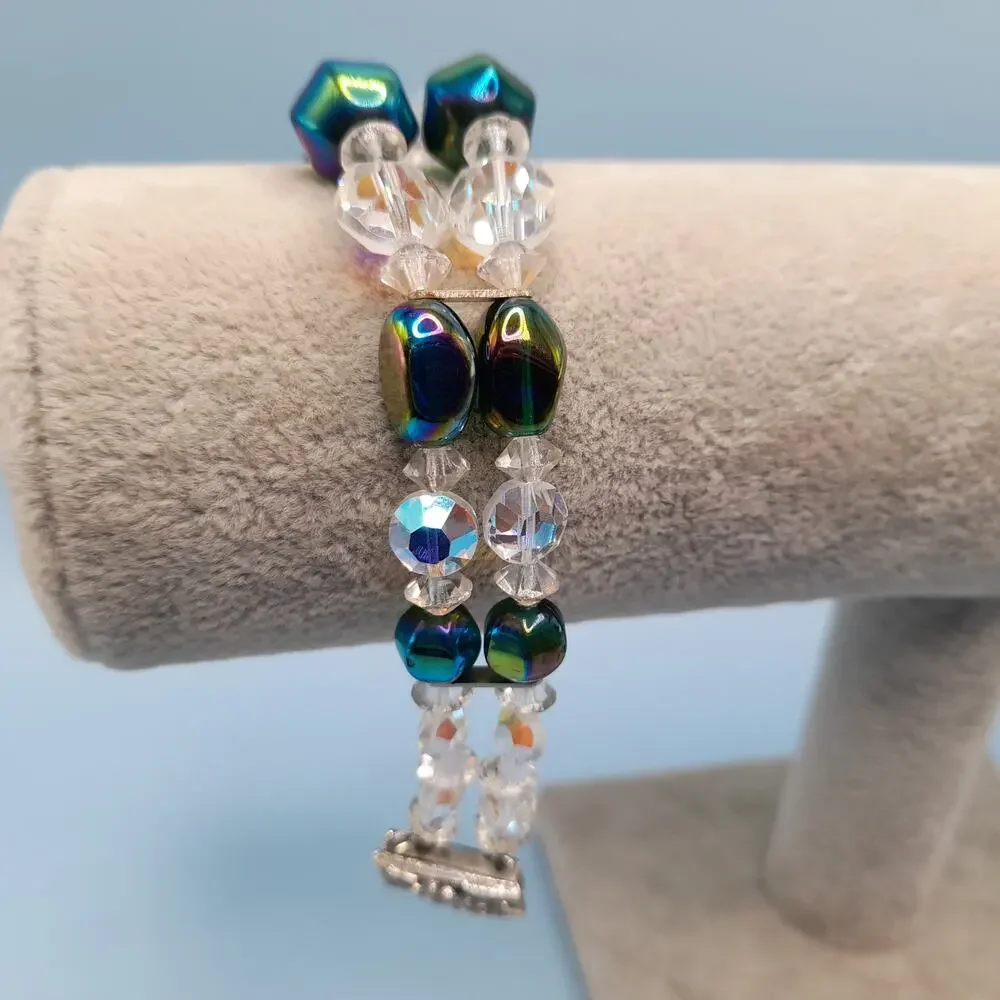 Vintage 1960s AB Crystal Beaded Bracelet, Double Strand, Iridescent Austrian, 7
